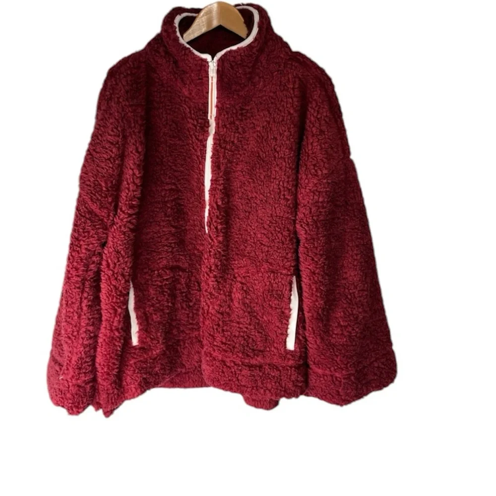 NWT Anthropologie Annette Sherpa Pullover Sweater 1/4 zip Cozy w/pockets XL